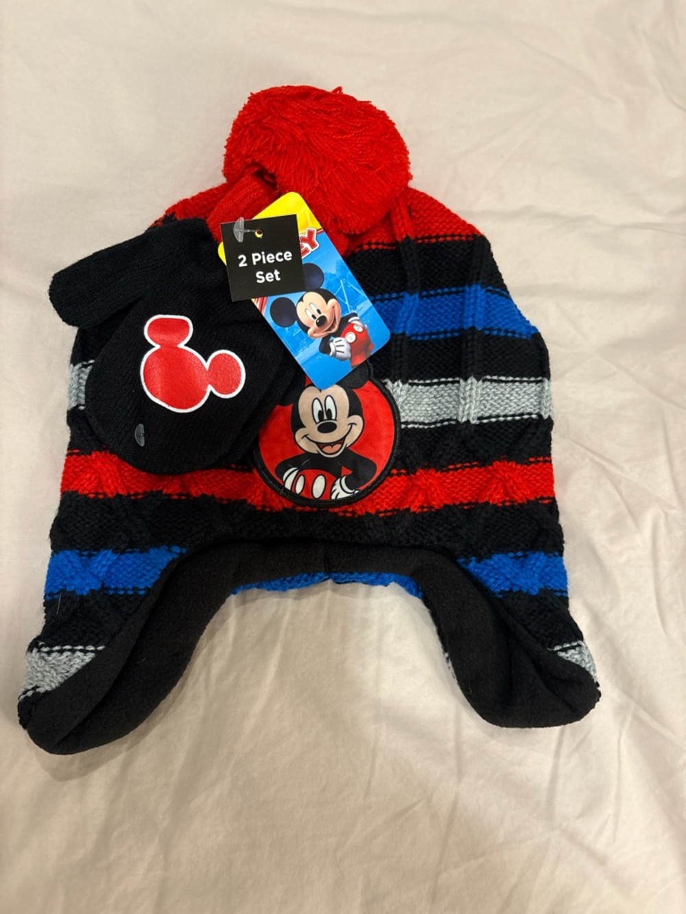 Disney/Mickey Beanie & Mittens Set - Red, Blue, Black, fleece lined hat